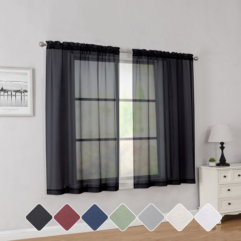 Simplebrand Black Short Sheer Curtains 45 Inch Length for Small Windows  Rod Pocket 2 Panels Set Solid Voile Drapes Window Sheer Curtains for Bedroom Bathroom Kids Room Kitchen  42x45 Inch - Image 1